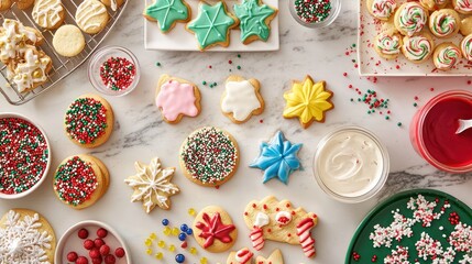 Wall Mural - A Christmas cookie decorating station with colorful icing, sprinkles, and holiday-shaped cookies