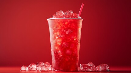 A vibrant red soft drink in a sleek takeaway cup, overflowing with ice cubes, against a striking red backdrop, evoking energy and bold flavor in a minimalistic style