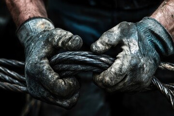  Worker’s hands gripping cables and tools.