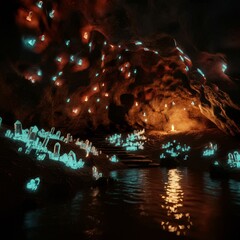 mysterious cave with glowing crystals and shimmering water