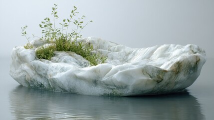 Canvas Print - Abstract Stone Sculpture with Green Plants in Water