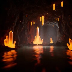 Mysterious cave with glowing crystals and shimmering water