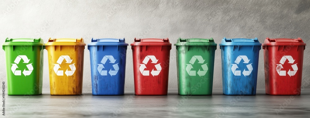 A row of colorful recycling bins with recycle symbols on a concrete ...
