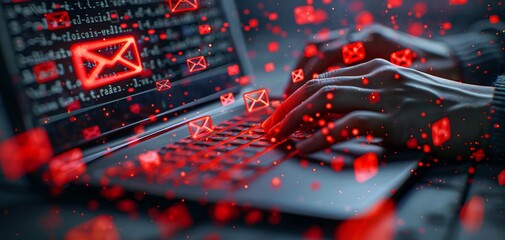 Close-up of a person typing on a laptop, surrounded by glowing red email notifications, representing digital communication and online engagement.