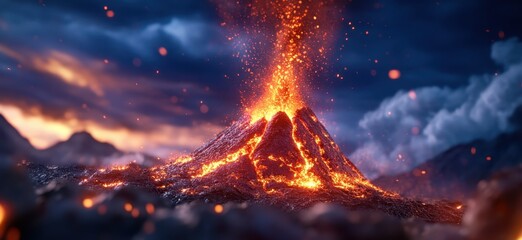 Dramatic and image of a violent volcanic eruption with fiery lava ash and smoke spewing from a mountainous chaotic landscape  The powerful