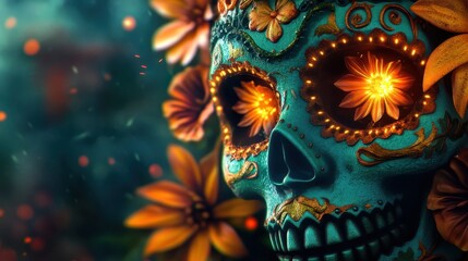 Vibrant and Ornate Colorful Floral Sugar Skull Backdrop for Dia de Los Muertos Festival and Mexican Cultural Holiday