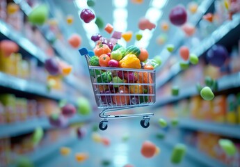 Vibrant array of fresh produce and grocery products displayed in a colorful shopping cart showcasing the abundance variety and diversity of items available in a modern retail store or market setting