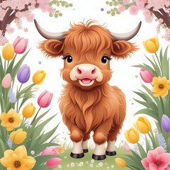 Wall Mural - Adorable Highland calf in a blooming spring meadow surrounded by tulips and butterflies under a sunny sky.