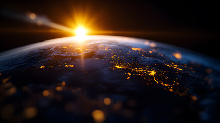 the sun is setting on a planet, casting a warm glow over the entire surface