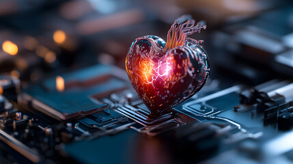 Wall Mural - A heart is on a circuit board with a red light on it