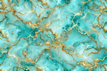 Seamless repetitive pattern of turquoise marble with golden swirls reflected