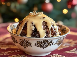 Wall Mural - A warm bowl Christmas pudding with brandy sauce, a holiday dessert tradition