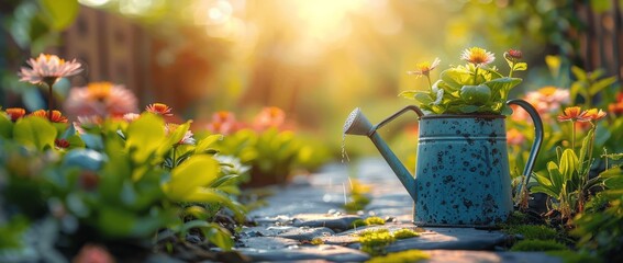 Tranquil Spring Garden with Sunlit Path and Watering Can on Green Grass