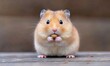 © alisya - A cute golden hamster with big eyes and a small nose holds a peanut in its paws and looks directly at the camera.