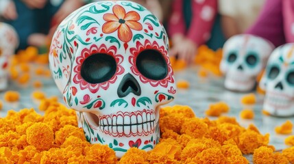 A beautifully decorated sugar skull surrounded by vibrant marigold flowers, celebrating Dia de los Muertos with colorful traditions.