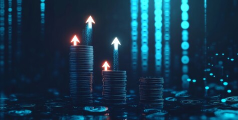  Upward-Pointing Arrows and Stacked Coins on a Blue Background, Featuring Glowing White Arrows with Light Effects Illustrating Financial Growth