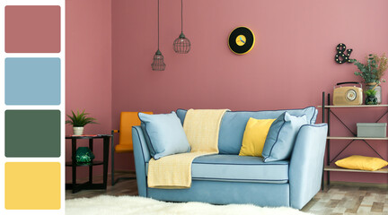 Aufkleber - Stylish living room with comfortable sofa near dusty pink wall. Interior design and matching color palette