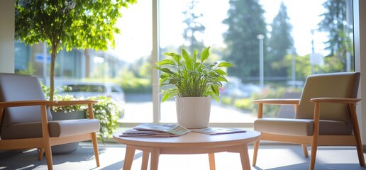 Two chairs and a coffee table with a potted plant in a bright and airy room.