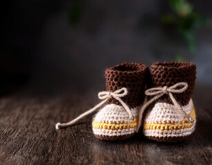 Traditional handmade knitted baby booties on a dark wooden background with copy space