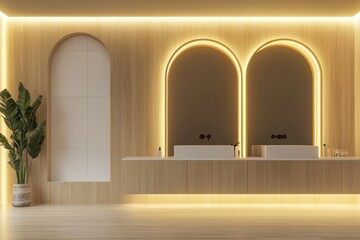 Wall Mural - Modern Bathroom with Arched Mirrors and Wooden Accents