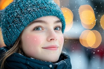 A woman wearing a blue hat and a blue coat is smiling