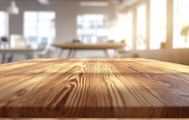 Wall Mural - Empty Beautiful Wooden Tabletop Counter in a Clean and Bright Office Background, Blurred for Product Display, Offering a Fresh and Artistic Rendering.

