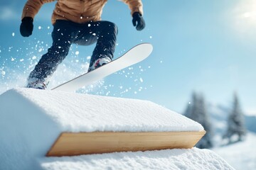 Wall Mural - A snowboarder is in mid-air, performing a trick on a wooden ramp