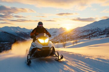 Wall Mural - A man is riding a snowmobile down a snowy mountain