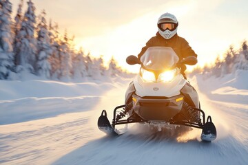 Wall Mural - A man is riding a snowmobile in the snow