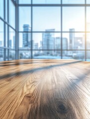 Wall Mural - Empty Beautiful Wooden Tabletop Counter in a Clean and Bright Office Background, Blurred for Product Display, Offering a Fresh and Artistic Rendering.

