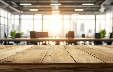 Wall Mural - Empty Beautiful Wooden Tabletop Counter in a Clean and Bright Office Background, Blurred for Product Display, Offering a Fresh and Artistic Rendering.

