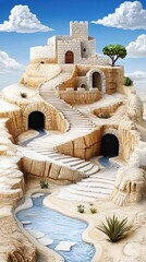 Wall Mural - a majestic fortress on a steep desert cliff surrounded by lush greenery and flowing streams under a 