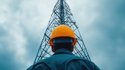 Technician Climbing Telecommunication Tower Under Cloudy Sky