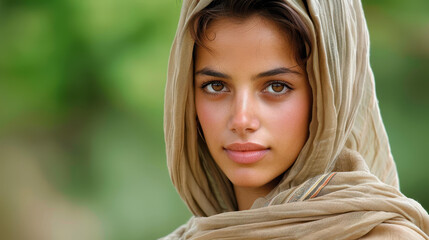 Wall Mural - A lovely young woman in a vibrant headscarf gazes thoughtfully into the distance amidst a serene outdoor setting.