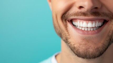 Sticker - Bright smile of a man with white teeth on a soft blue backdrop, radiating happiness and positivity in a closeup shot.