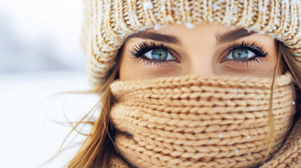 Poster - A stunning young woman wraps herself in a cozy shawl, her radiant beauty shining through the chilly winter air.