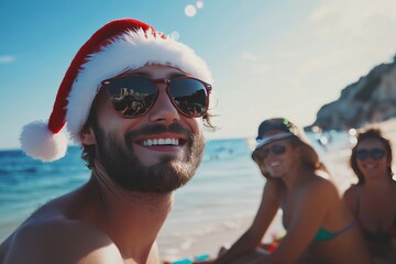 Holiday beach party  man in santa hat and sunglasses celebrates with friends under the sun