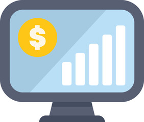 Wall Mural - computer screen is displaying a growing statistic bar graph and a dollar coin icon, representing fin