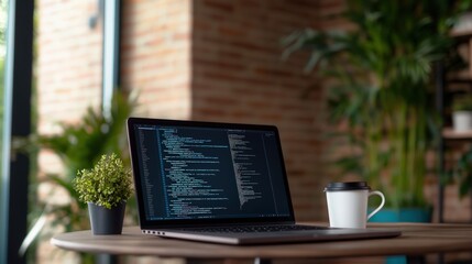 Laptop with code on screen, a potted plant, and coffee mug on a table.