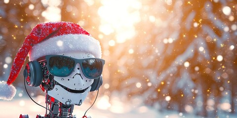 Wall Mural - Stylish happy AI robot in a Santa Claus hat, sunglasses and headphones in a picturesque snowy winter forest