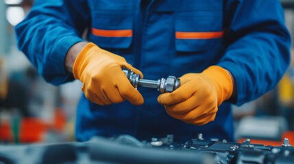 A mechanic in blue overalls works on an engine with a tool in hand, showcasing precision and skill in a vibrant workshop environment.