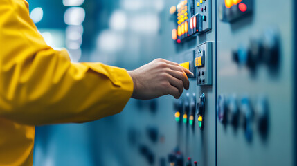 A technician in a bright yellow jacket operating machinery controls, focused on ensuring optimal performance in a modern industrial setting.