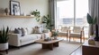 © BackgroundStudio - Contemporary Modern living room with white sofa, coffee table, two chairs, plants, and large windows.