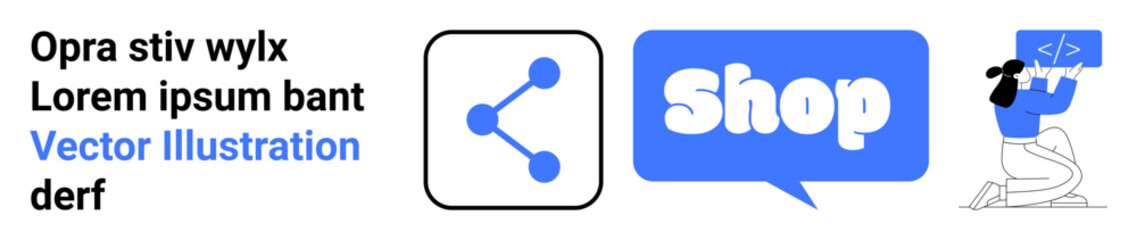 Four panels with a text block, social sharing icon, shop bubble, and person coding on a computer. Ideal for social media, e-commerce, programming, technology, and web development. Banner for landing