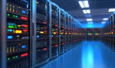 Rows of server racks in a data center.