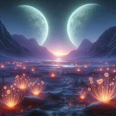 Otherworldly landscape with two moons and glowing plants