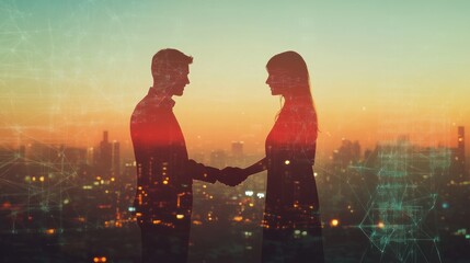 Silhouettes of a Man and Woman Shaking Hands Against a City Skyline