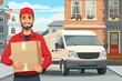 © Gregorii - Delivery man with box stands near minivan. Courier with parcel is on city street. Happy delivery man in red uniform