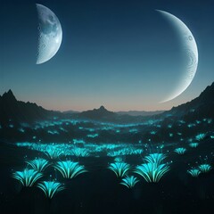 Otherworldly landscape with two moons and glowing plants