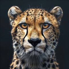 Portrait of leopard on dark background. Muzzle of wild cat with aggressive look. Predatory leopard with spots on its fur